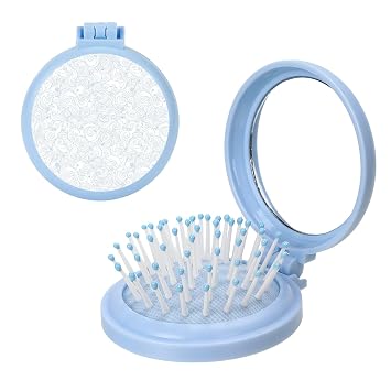 Light Blue White Wave Mini Foldable Hair Brushes With Mirror, Compact Hair Massage Combs Brush For Women Quick Touch Ups, Travel Essential Compact Comb Detangling Combs For Purse