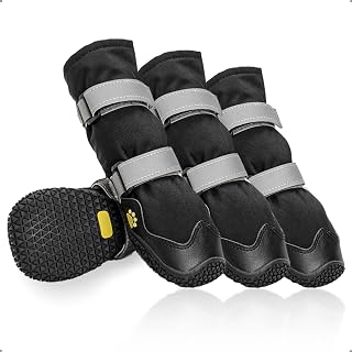 Anti-Rutsch Hundeschuhe mit reflektierenden Riemen wasserdicht, verschleißfeste Leder Gummisohle Hundeschuhe Pfotenschutz fürkleine, mittlere und große Hunde 4 Stück(Größe XL, Schwarz)