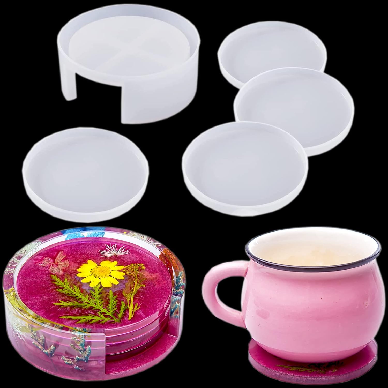 NASN Resin Coaster Molds, 4PCS Coaster Resin Molds for Epoxy Resin with Silicone Coaster Storage Box Mold, Epoxy Resin Coaster Molds for DIY Design Cup Mats, Home Decoration, Y-01