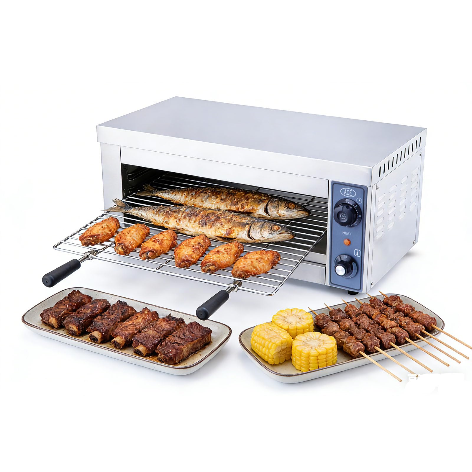 Hakka Electric Salamander Grill, Commercial 2000W Salamander Broiler Oven Cheese Melter Stainless Steal with Removable Crumb Tray 3 Heights Adjustable for BBQ, Pizza, Steaks