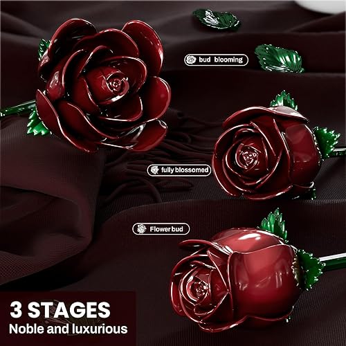 Miniatura 6 de Juego de construcción de ramo de rosas rojas burdeos para mujeres adultas, colección botánica, regalo para Halloween, San Valentín y día de la