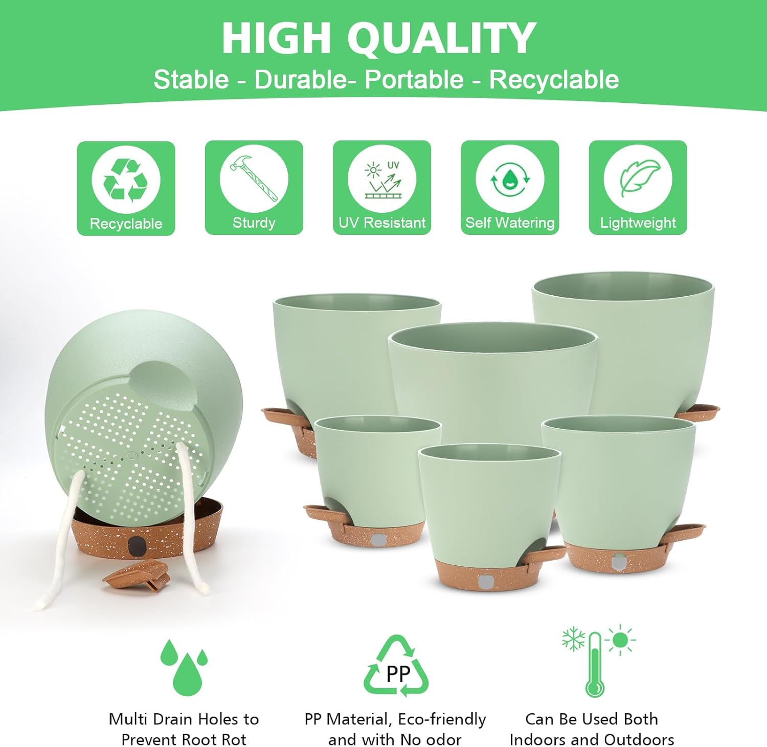 Self Watering Planter Set with Visual Water Level, 6Pack Small Plastic Pot with Drainage Holes and Reservoir Saucers, Modern 8+7+6.5+6+5.5+5 Inch Bottom Watering Flower Pots for Indoor Plant - Green - Image 5