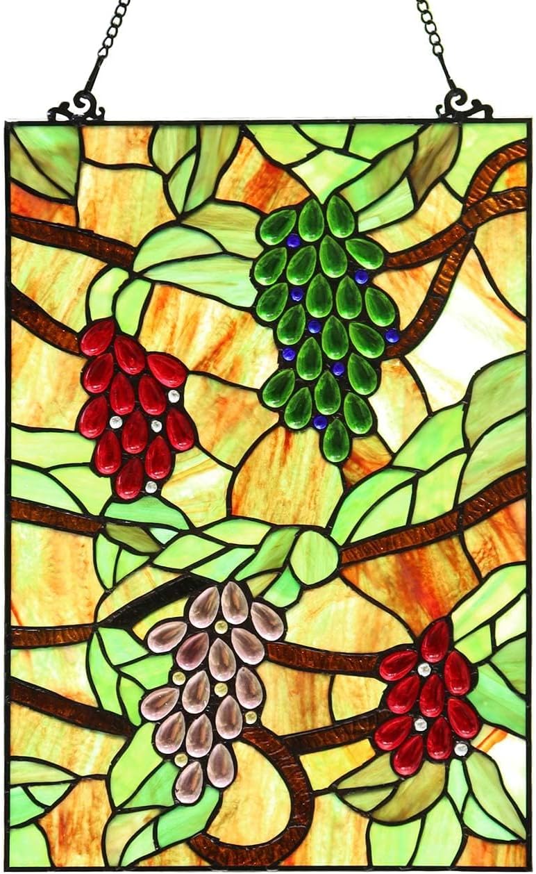 Bieye W10065 Grape Tiffany Style Stained Glass Window Hanging Panel, Rectangular Shape, 13.5" W x 19.5" H