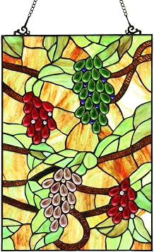 Bieye W10065 Grape Tiffany Style Stained Glass Window Hanging Panel, Rectangular Shape, 13.5" W x 19.5" H