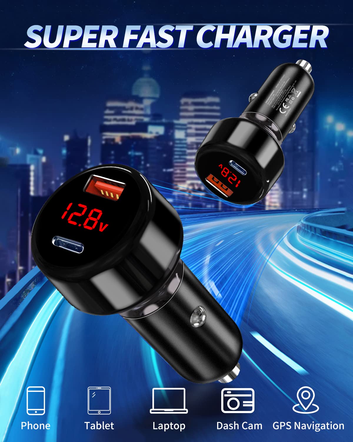 65W Car Charger ANGKEEL Dual Port USB C Power Car Adapter Plug with Voltage Display, for iPhone, Samsung, iPad Pro, and More
