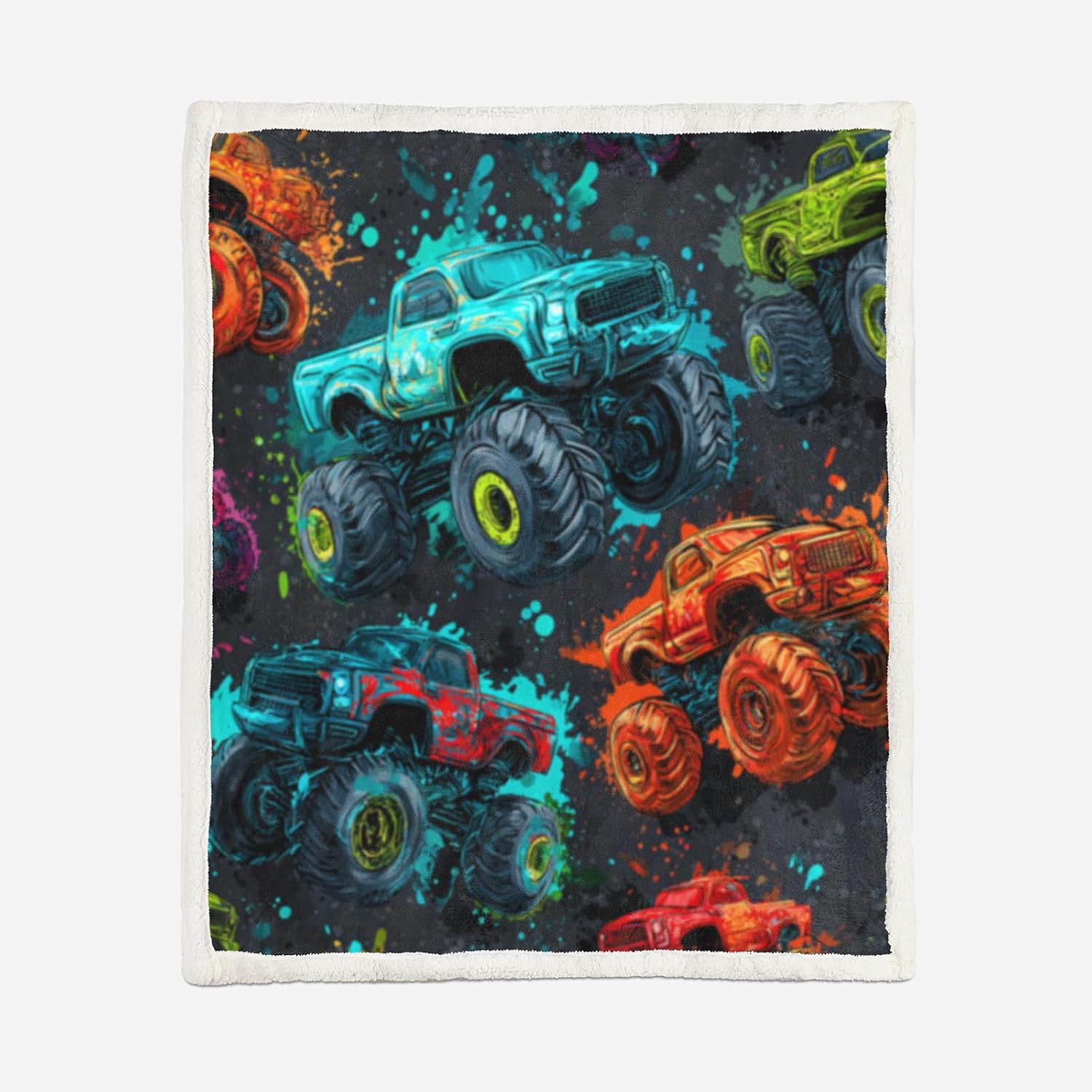 AILONEN Monster Truck Print Sherpa Fleece Throw Blanket,Cartoon Trucks Sherpa Blankets for Kids Teens Boys,Cool Graffiti Fleece Blanket,Soft Lightweight Decor for Sofa, 59 x 47 Inches