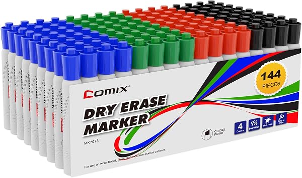 Comix Dry Erase Markers, 4 Assorted Colors, 4 Sets of 36 Markers, 144 Markers Total, Chisel Tip Whiteboard Makrers for Classroom, Teachers, Office, School Supplies