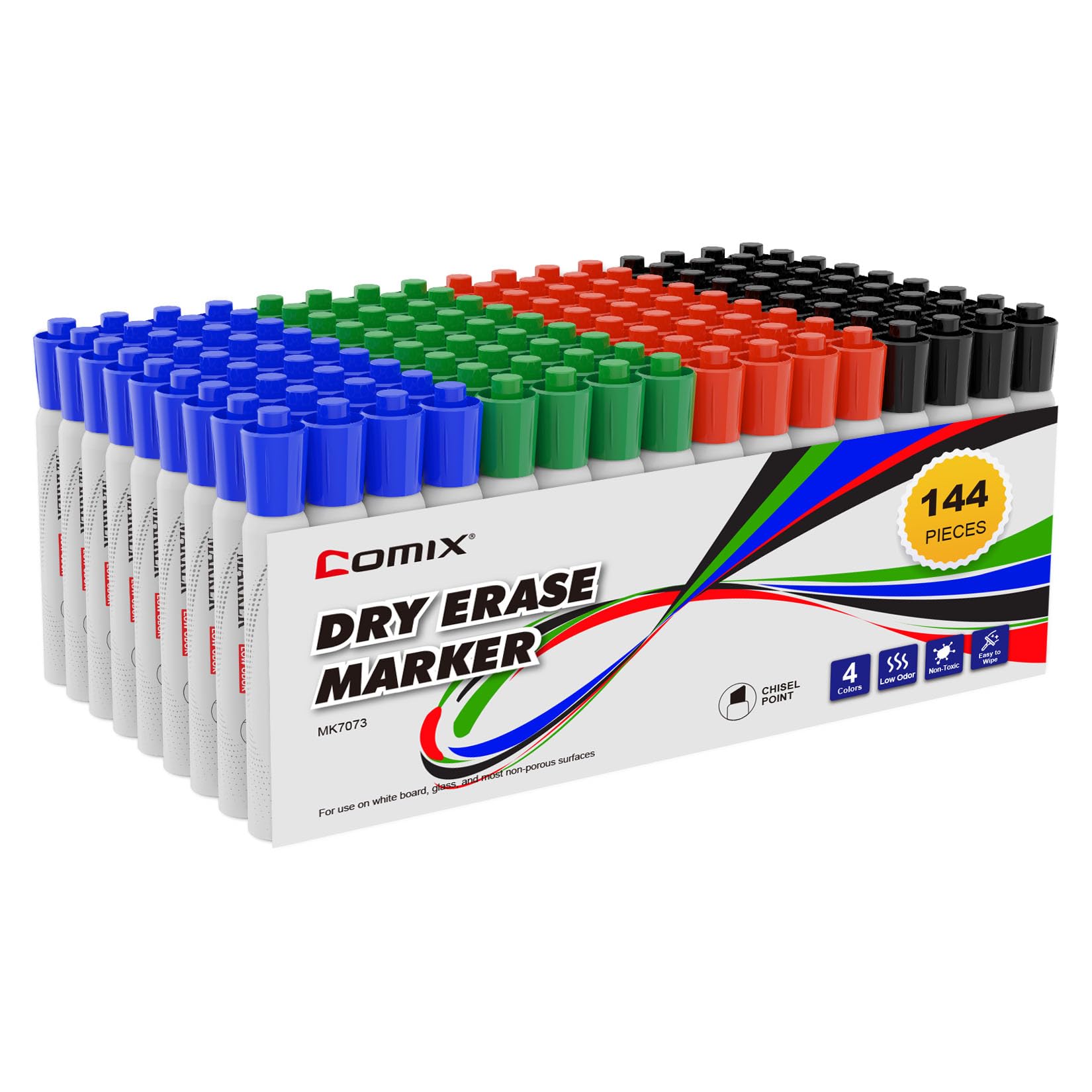 Comix Whiteboard Marker, 144 Whiteboard Stifte abwischbar,Set mit 4 Farben Rundspitze Stifte Marker, ideal für Klassenzimmer, Büro und Kinder | Keilspitze, Vorteilspack, geruchsarm, ungiftig, leicht zu löschen, geeignet für Klassenzimmer, Lehrer, Büro, Sc