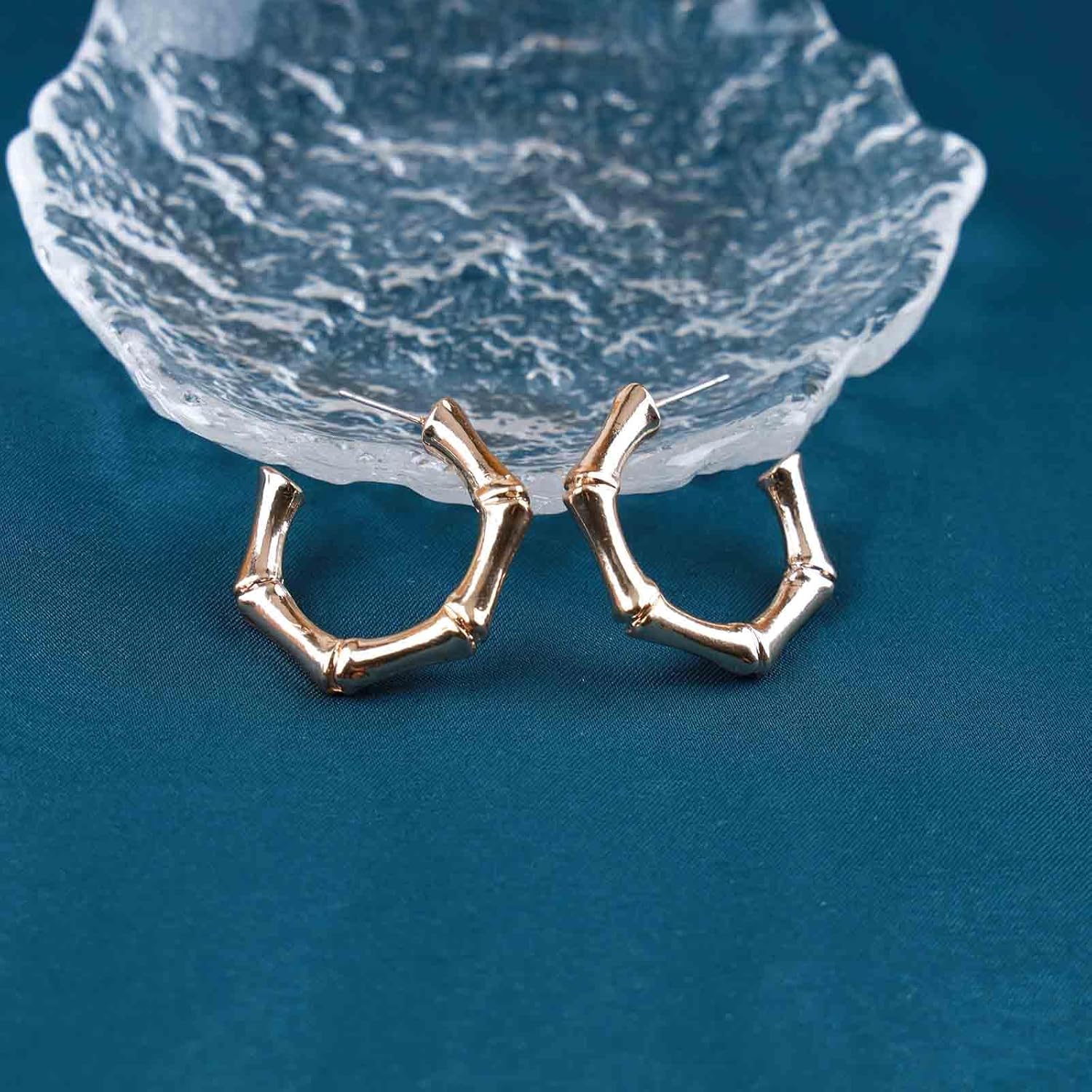 Boho Gold Bamboo Hoop Earrings Chunky Huggie Earring C Shape Stud Earrings Metal Statement Earring for Women - Image 5