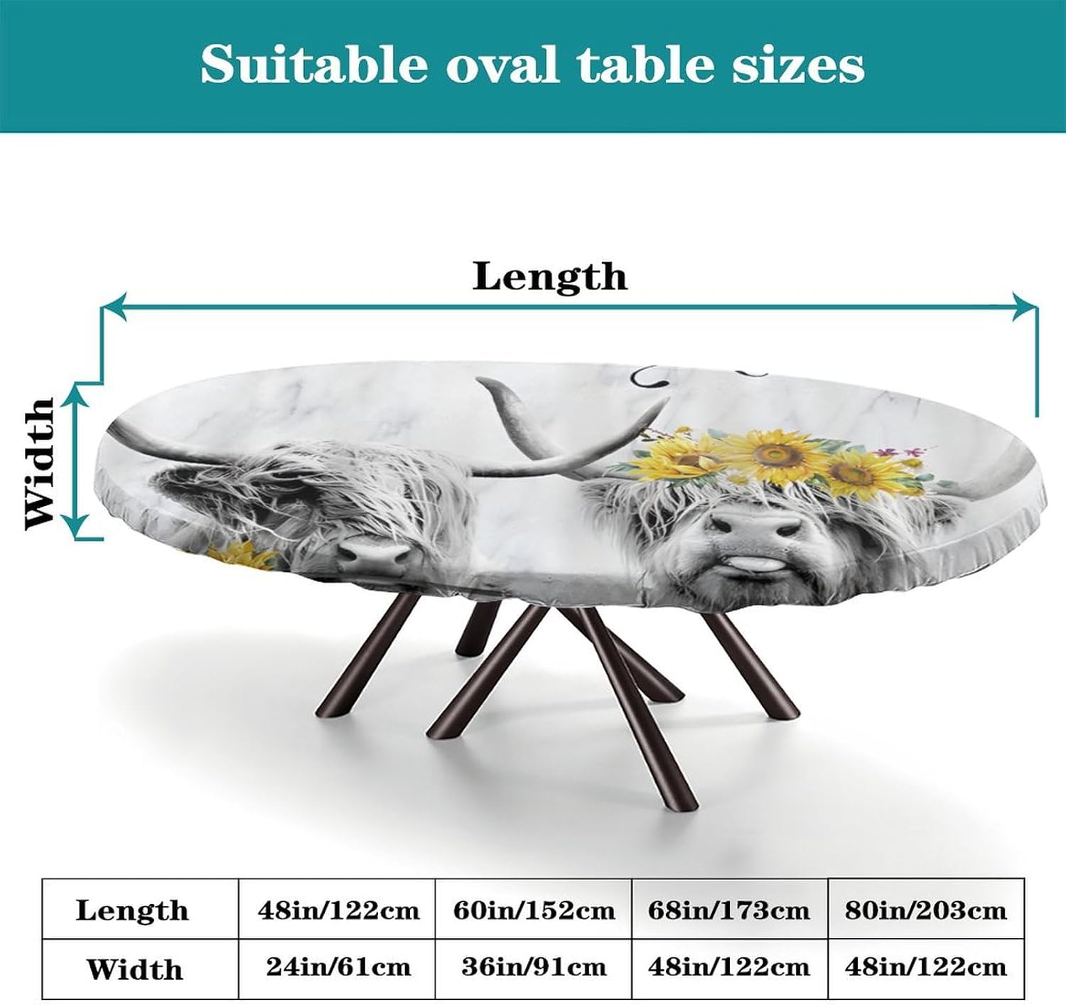Oval Fitted Tablecloth with Elastic Edge,Sunflower, Get Naked Farmhouse Cow, Grey Washable Wipeable Tablecolth, for Outdoor Picnic Camping and Indoor Kitchen Dining Party,Fits for 48 x 80”Oval table