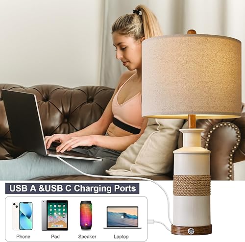 Miniatura 5 de BOBOMOMO Juego de 2 lámparas de mesa con USB A+C de 24.5 pulgadas con control táctil regulable de 3 vías para sala de estar, mesita de noche junto a