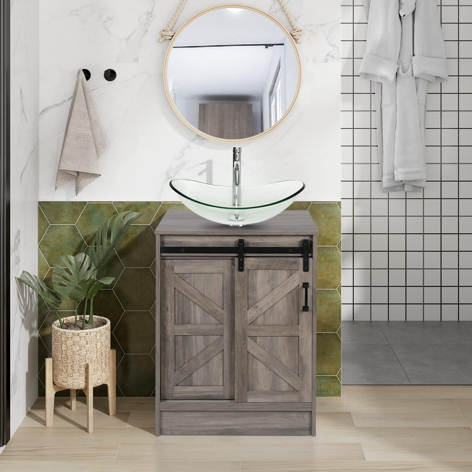Puluomis Bathroom Vanity, 24 inch Barn Door Modern Wood Fixture Stand Bathroom Cabinet with ...