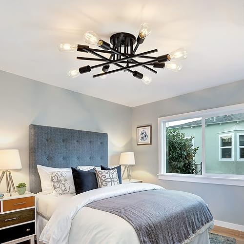 Miniatura 8 de ASGYISA Lámpara de Techo Semiempotrada de 8 Luces, Candelabro Sputnik de Metal Vintage Moderno Negro, Lámpara de Techo para Dormitorio Cocina