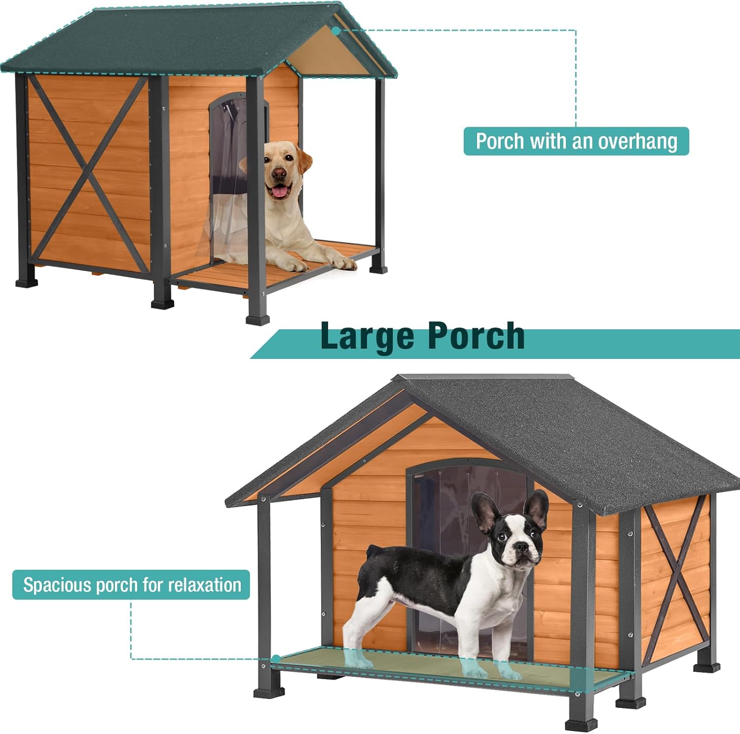 Suumerpety Outdoor Dog House,Weatherproof Wooden Dog Shelter for Small to Medium Sized Dogs,Iron Frame Indoor Outdoor Doghouse,Puppy Kennel,Pets Warm House in Winter with Large Porch