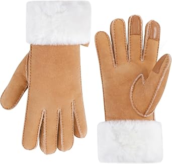 Aurya Turn Cuff Sheepskin Gloves, Womens Waterproof Wool Gloves, Touchscreen Shearling Glove for Winter Outdoor