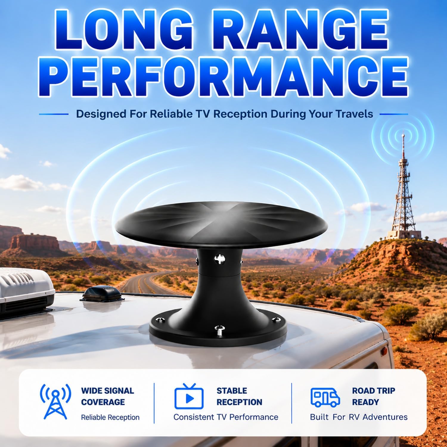 RV TV Antenna Roof Mounted, HDTV Antenna for Camper Motorhome & Travel Trailer, Built-in Signal Amplifier, UHF VHF OTA Reception, 4K 1080P Ready, 32.8ft Coaxial Cable