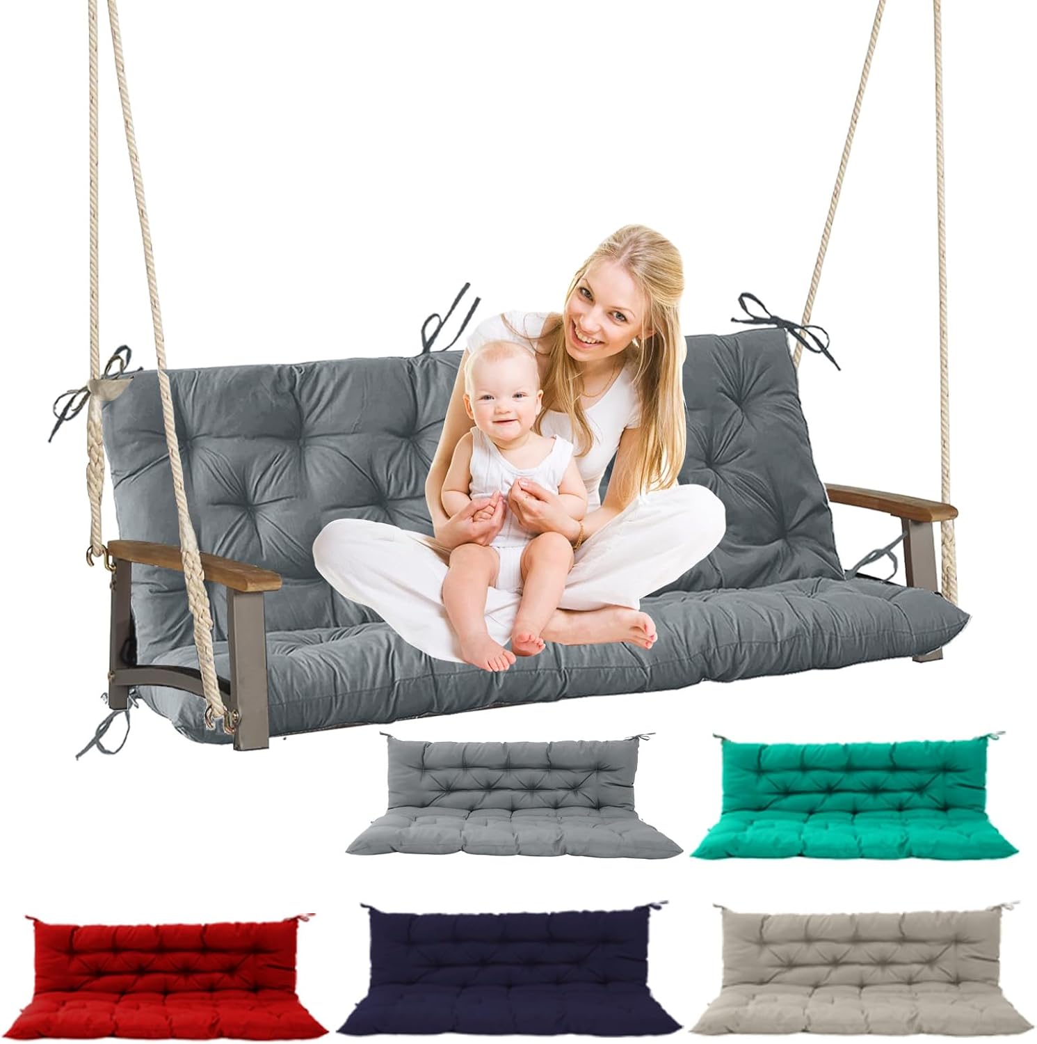 Outdoor Swing Cushions, 63inch Waterproof Three Seat Swing Replacement Cushions with Backrest and Ties, 4" Thicken Outdoor Porch Swing Cushions for Patio, Lawn and Garden (Light Gray, 40×63in)