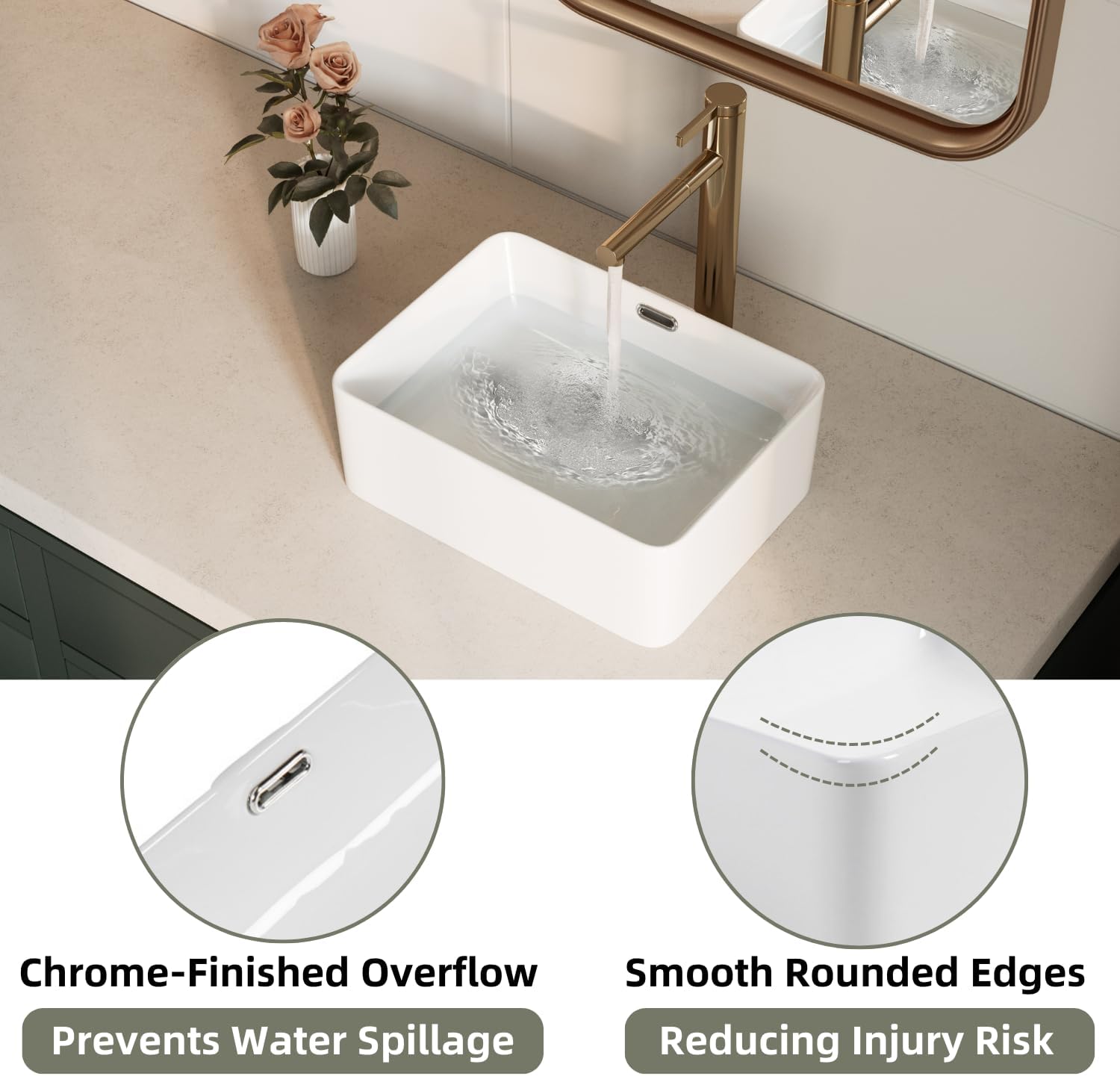 Compact 16 Inch Vessel Sink with Overflow, Los Flexi 16"W x 12"D White Ceramic Lavatory Sinks Rectangular, Above Counter Sink for Small Bathroom, Modern Porcelain Basin
