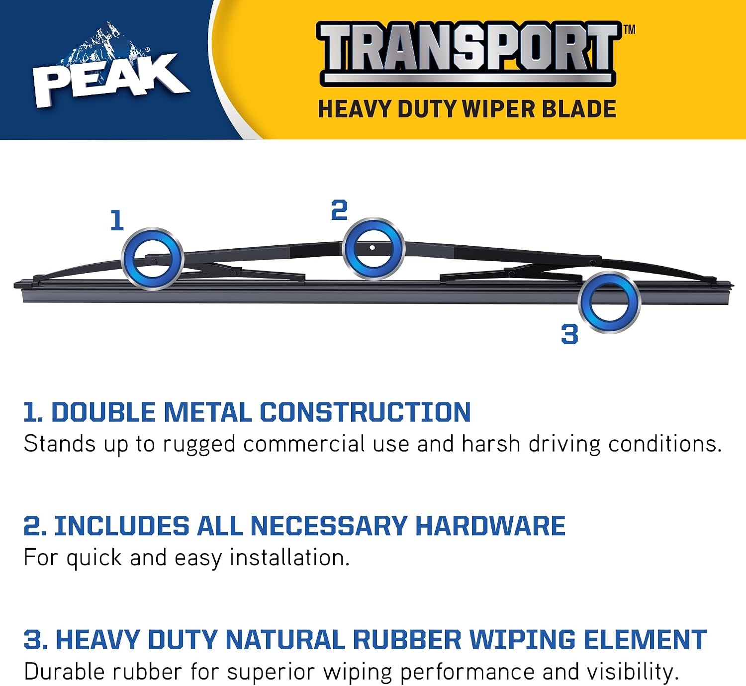 PEAK Transport Heavy Duty Windshield Wiper Blade, Durable Metal Wiper Blade Replacement for Class 6-8 Trucks, Class A RV's, and Transit Buses with Saddle Wiper Arm and High Profile 18" 5 Bar Blade