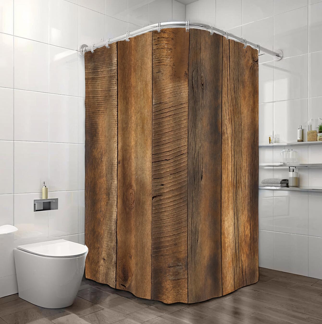 Rideau De Douche Grain De Bois Nature Rurale Tissu Imperméable Lavable avec Crochets Anti Moisissure en Polyester Rideau Douche pour Salle De Bain