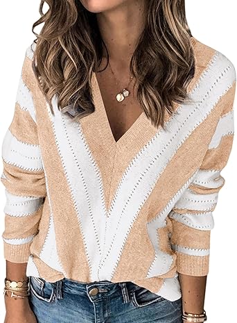 PRETTYGARDEN Sweaters for Women 2025 Long Sleeve Striped Knitted V Neck Pullover Jumper Tops Fall Outfits Fashion Clothing