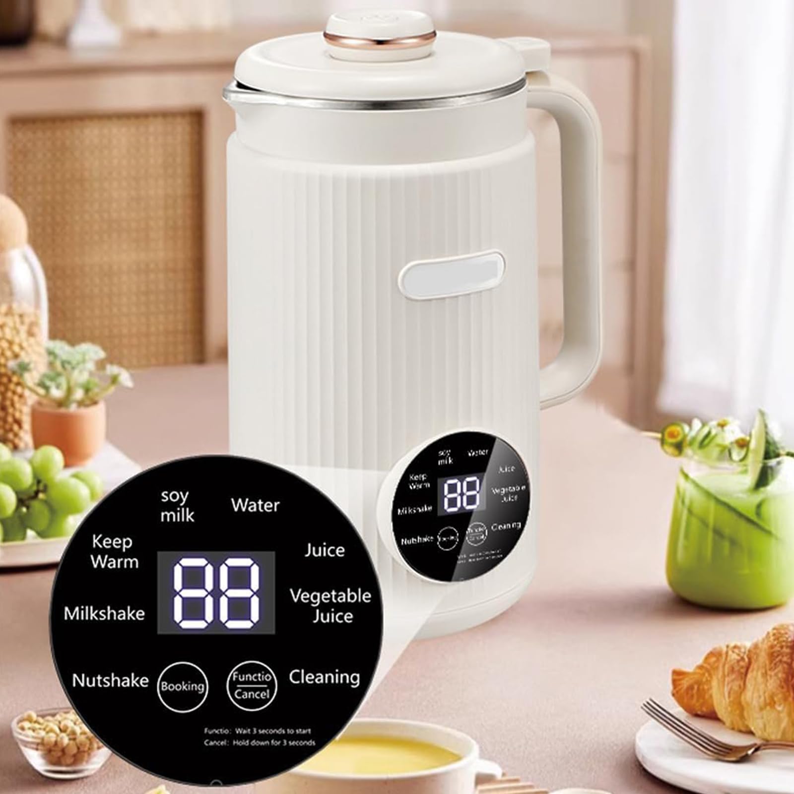 Macchina per Latte di Soia 1,5L, Macchina Automatica 9 in 1 per Latte di Noci e Avena con Smart Touch LED Display, 10 Lame, Timer 12h, Autopulente & Mantieni Caldo, Latte Vegetale per Uso Domes white