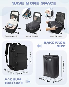 SZLX Vacuum Backpack Travel Bag with Pump, Ryanair Cabin Bags Backpack Wizz air, Ryanair Cabin Bags Underseat Carry On Easyjet Travel Rucksack Cabin Size Fit 14 Inch Laptop