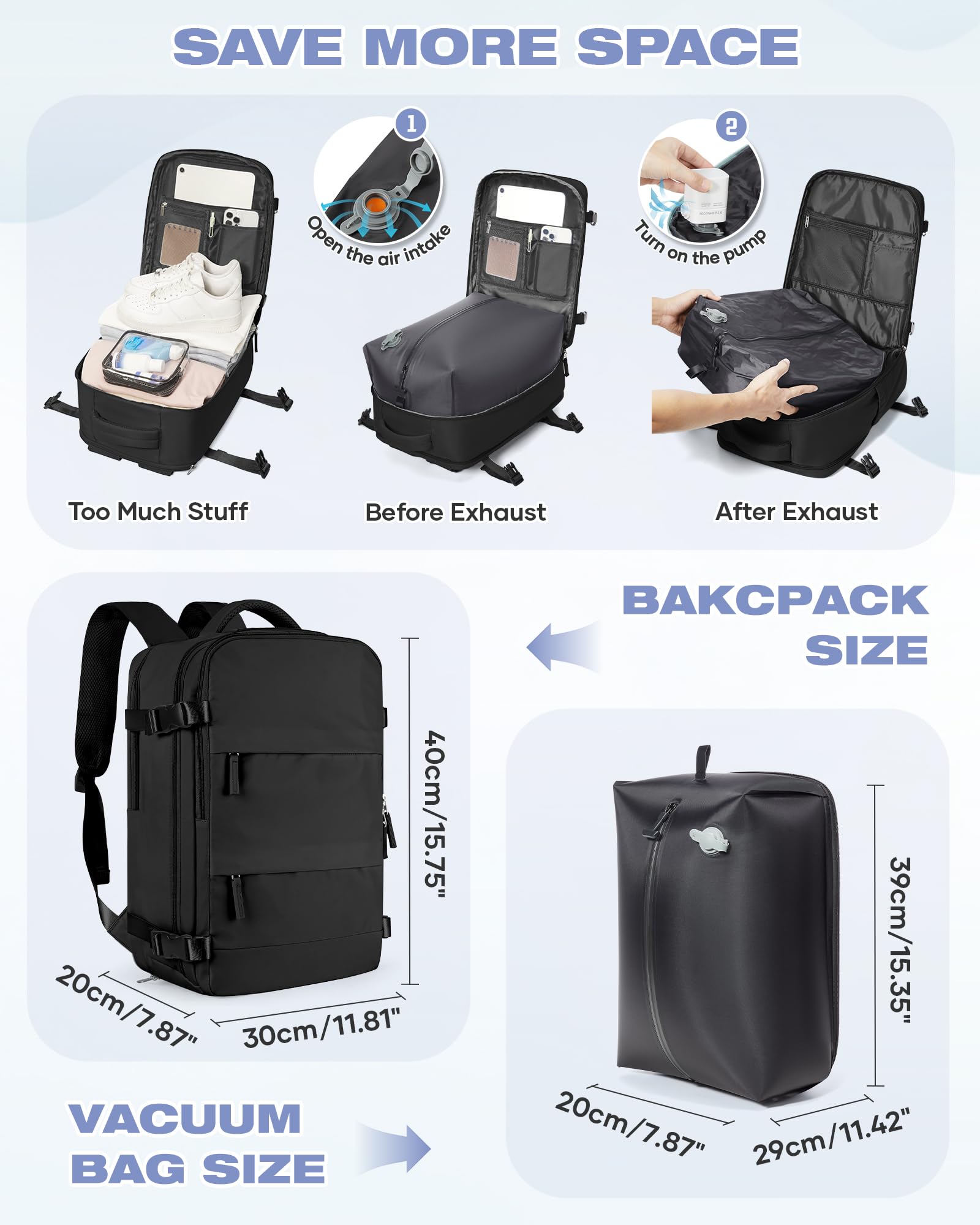 SZLX Mochila al Vacio con Bomba Equipaje de Mano 40x30x20 Ryanair Vueling Wizzair Easyjet Mochila Viaje Cabina Avion 40x20x25 Ryanair Mujer Mochila de transporte Impermeable para Computadora Portátil
