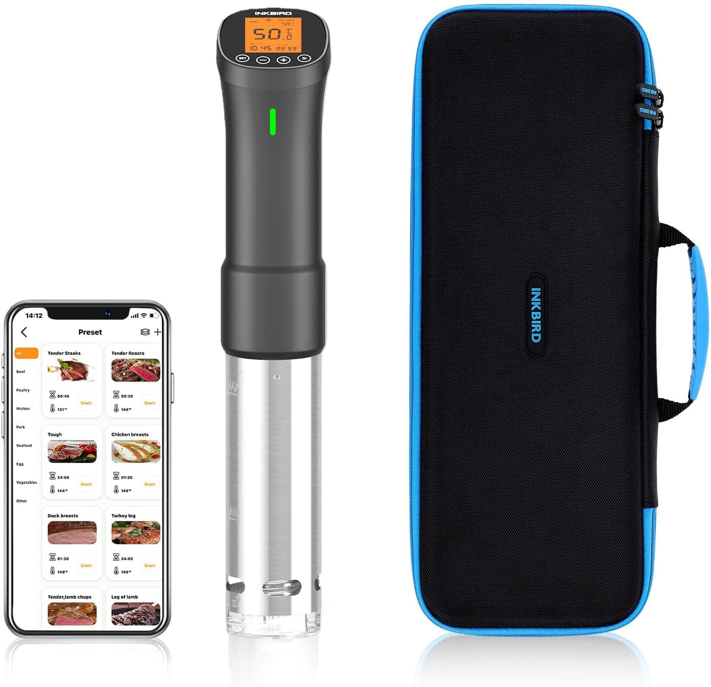 INKBIRD WiFi Sous Vide Machine ISV-200W with Protective Carrying Case, 1000W Immersion Circulator Precision Cooker with Touch Temperature Control & Timer, Storage Case Included, Ideal for Chef Gifts