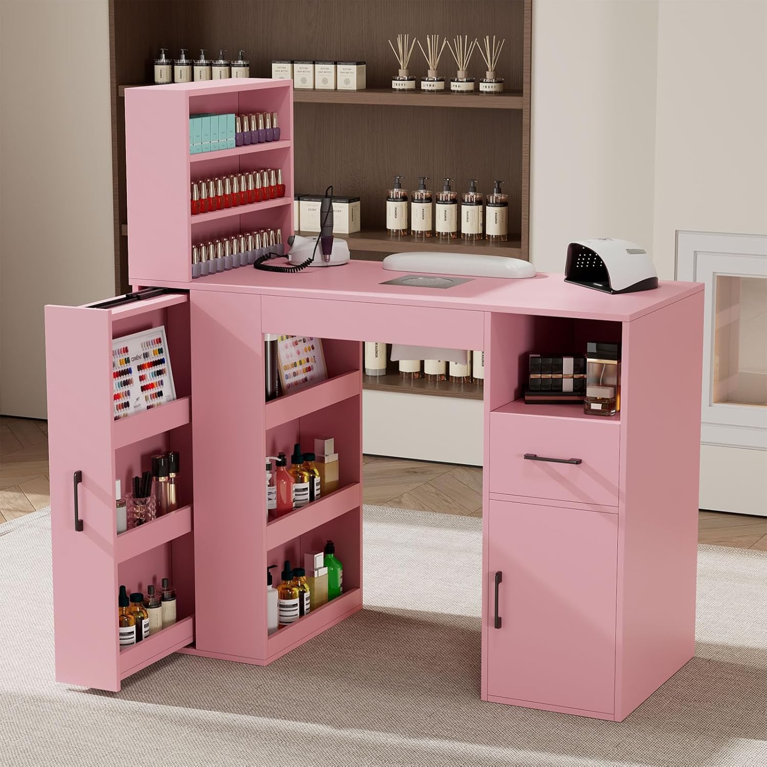 Professional Nail Desk for Nail Tech with Storage Cabinet and Fan – Modern Nail Table for Salon, Nail Tech Table with Drawer, Armrest & Dust Collector,Manicure Table Nail Desk (Pink)
