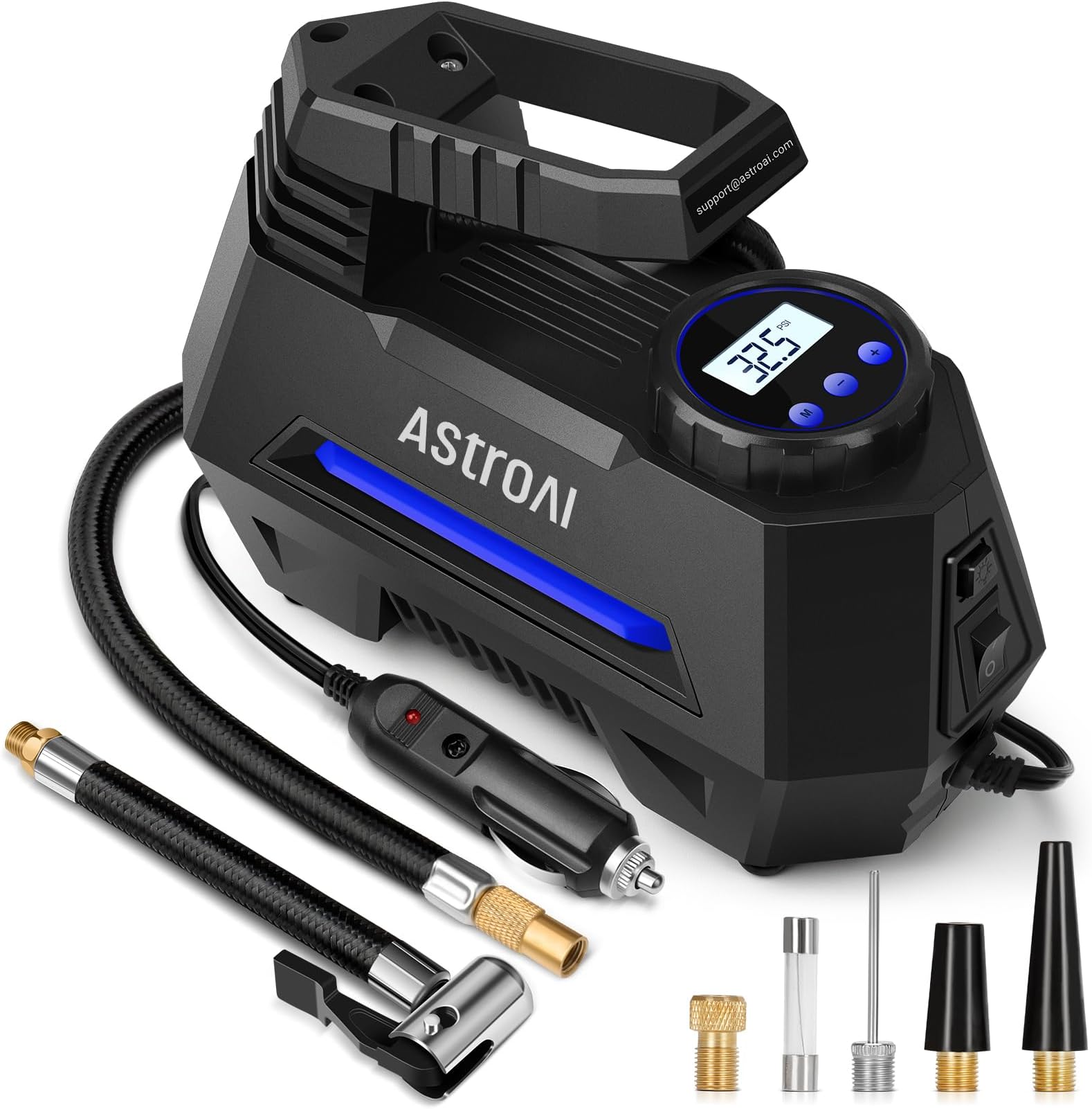 AstroAI Car Air Compressor, Portable Digital Electric Air Pump with LCD Display, DC 12V, Packing for Car, Bicycle, Motorcycle, Ball, Air Cushion etc. (Blue)