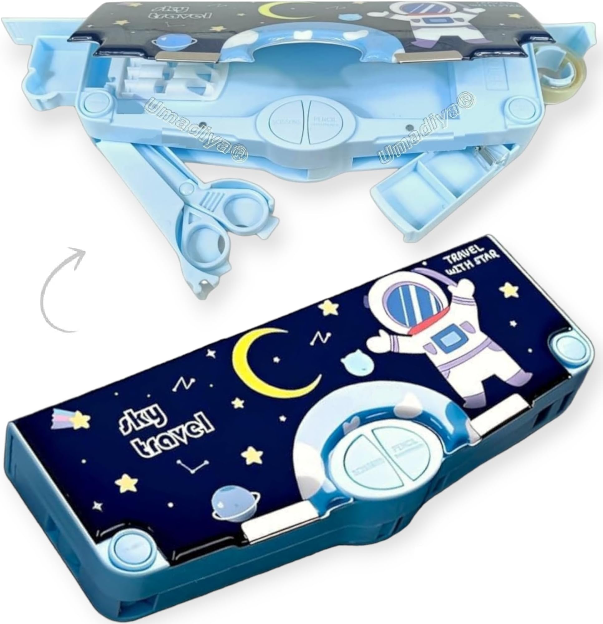 Umadiya Plastic Branded Multi-Functional Pencil Box For Kids, Space Pencil Box For Boys & Girls, Magnetic Pencil Box For Boys, Space Theme Gifts For Kids With Accessories. (Navy Blue Astronaut)