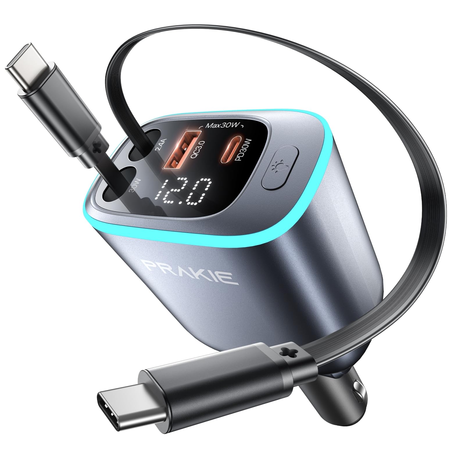 Caricabatteria da auto per iPhone, caricatore rapido retrattile USB C, adattatore per accendisigari 4 in 1 con 2 cavi da 25 pollici e 2 porte USB, ricarica USB per auto multi porta per iPhone 17/16/15