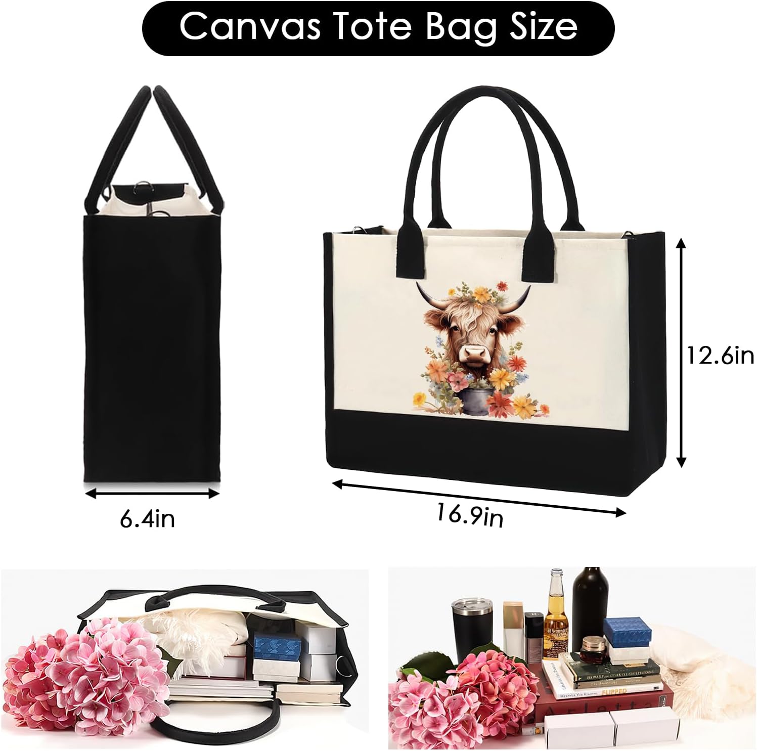 Highland Cow Gifts Tote Bag - Mother's Day Gift Personalized Highland Cow Canvas Tote Bag with Zipper Aesthetic Floral Reusable Grocery Handbag for Women Cow Lover Mothers Day Travel Beach Bag - Image 4