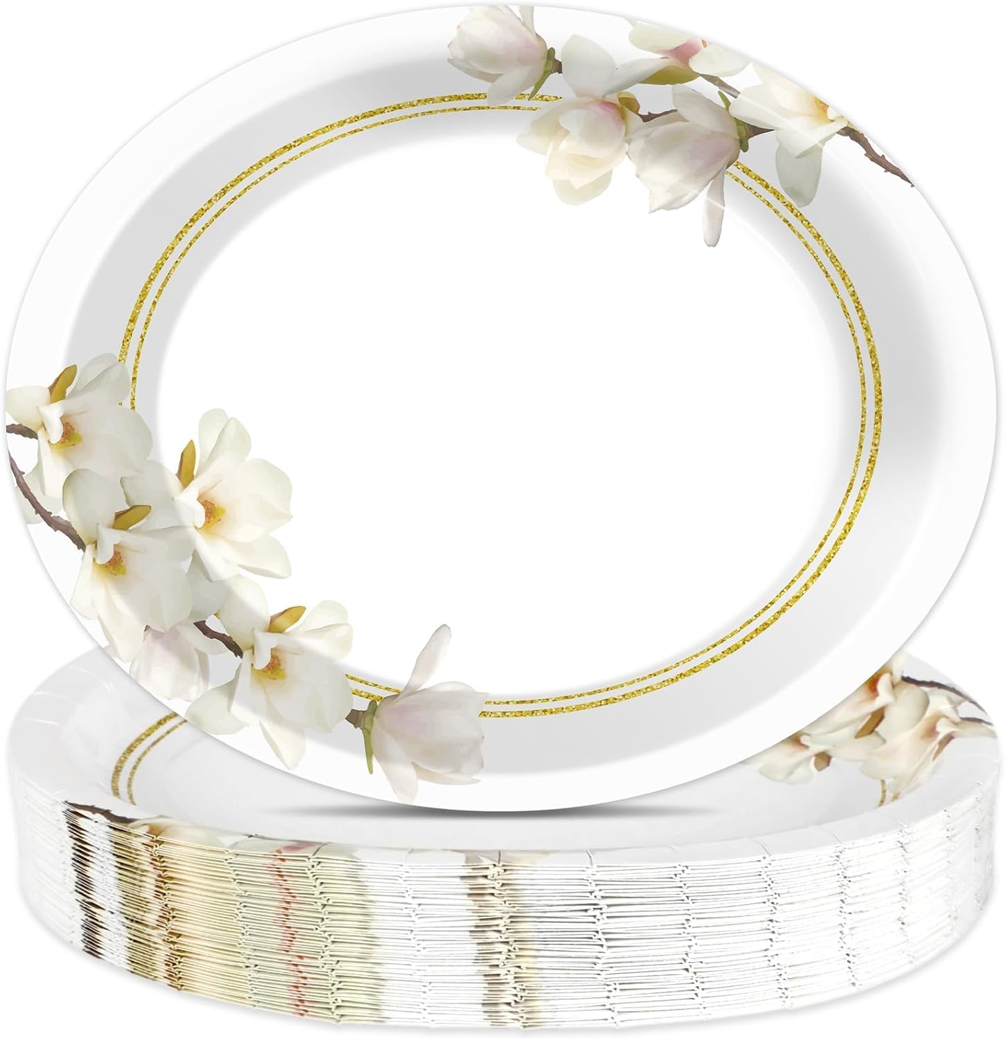 Naozinebi 50Pcs Flower Oval Plates White Magnolia Tableware set 11 x 9In Spring Floral Tableware Wildflower Large Disposable Paper Plates for Wedding Anniversary Baby Bridal Shower Party Supplies