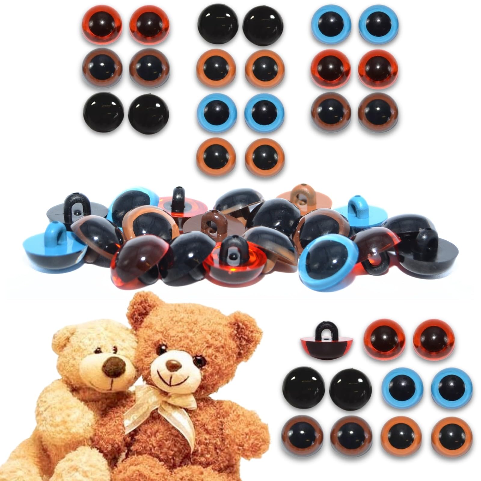 celloexpress 13.5mm Mixed Colours Sew On Eyes - 10 Pairs - Half Round Button Eyes for Teddy Bear Animal Soft Toy Making