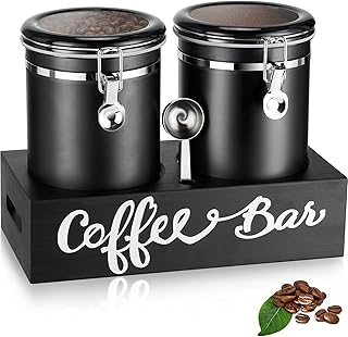 Yangbaga 2 x 66 OZ Coffee Canisters with Handle Shelf, 304 Stainless Steel Coffee Station Container for Ground Coffee Bean Storage with Airtight Locking Clamp&Scoop, Food Storage Jars for Kitchen