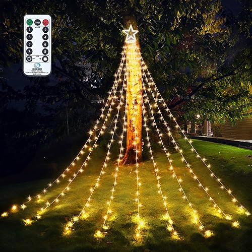 Guirnalda de luces de estrella para decoración de Navidad al aire libre, 317 LED, 8 modos, luces de árbol de cascada con decoración de estrella para