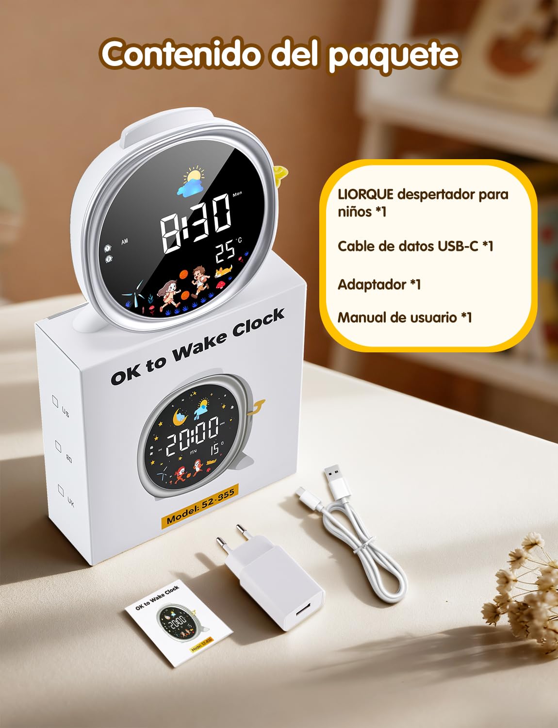 LIORQUE Despertador Infantil con luz Nocturna, Reloj Despertador Niños con Entrenamiento del Sueño, Alarmas Duales y Función Snooze, Modo Fin de Semana y Visualización de Temperatura