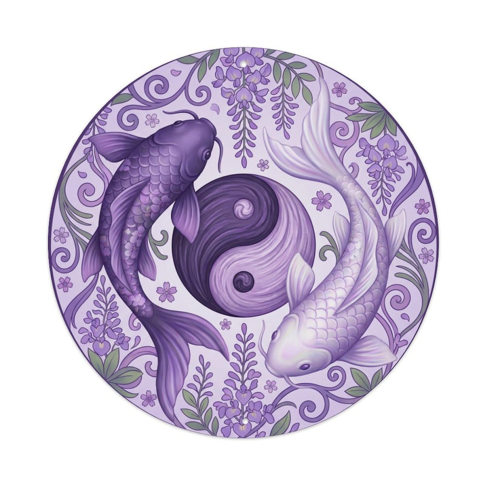 Metal Tin Sign Tai Chi Koi Fish Wisteria Purple