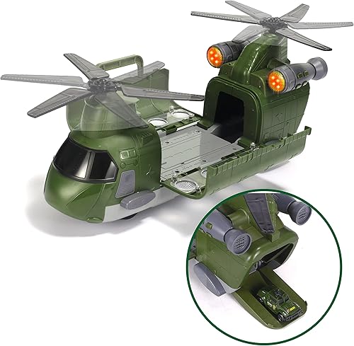 Miniatura 3 de JOYIN Juego de juguete de avión de transporte militar incluye helicóptero alimentado por fricción con luz 6 autos militares fundidos a presión y 12