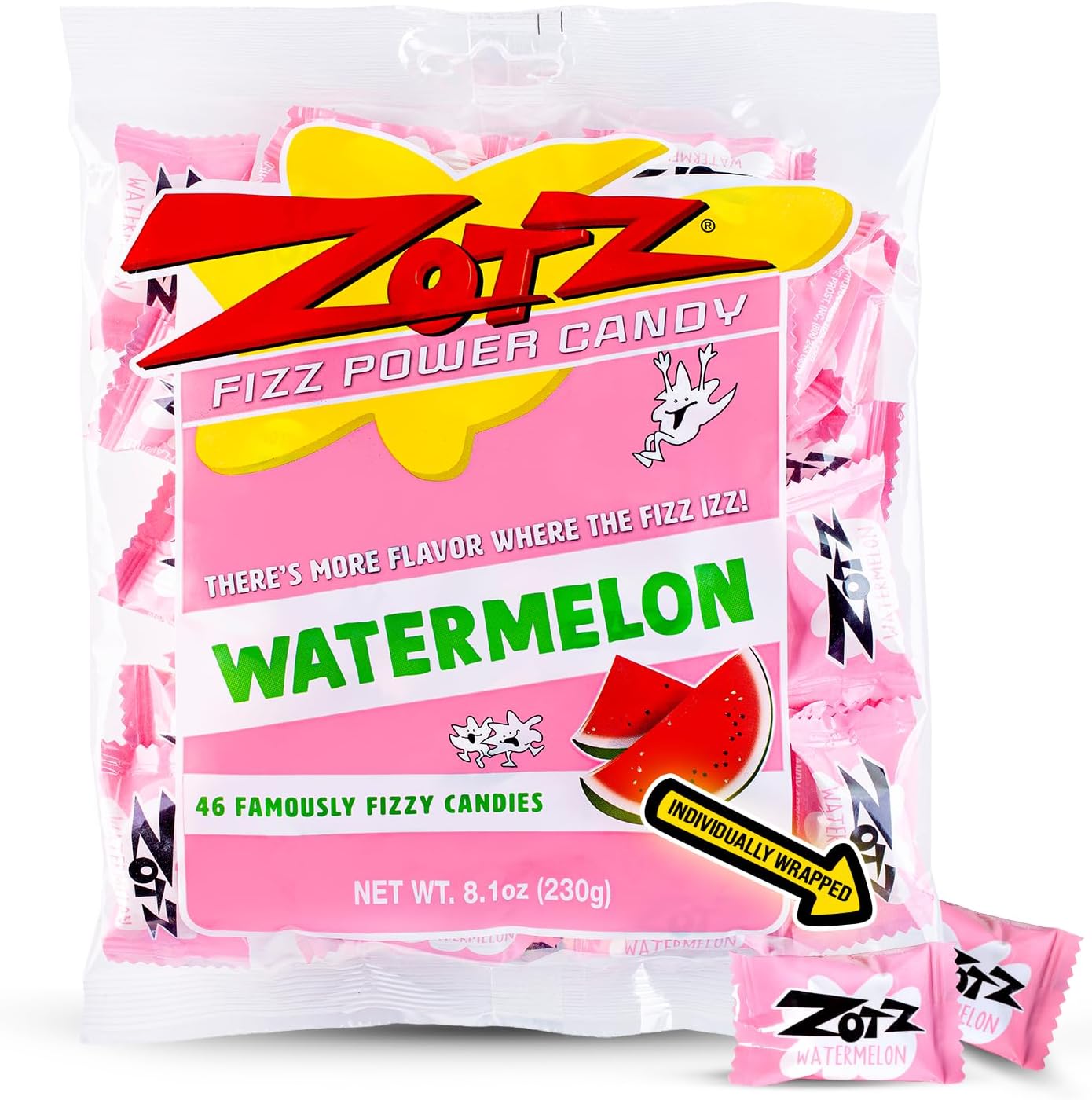 ZOTZ Fizzy Sour Candy Bulk - Retro Italian Hard Candy Individually Wrapped - Classic Nostalgic Watermelon Flavor - 46 Pieces Bag for Party Favors, Goodie Bags, Piñata & Candy Buffet