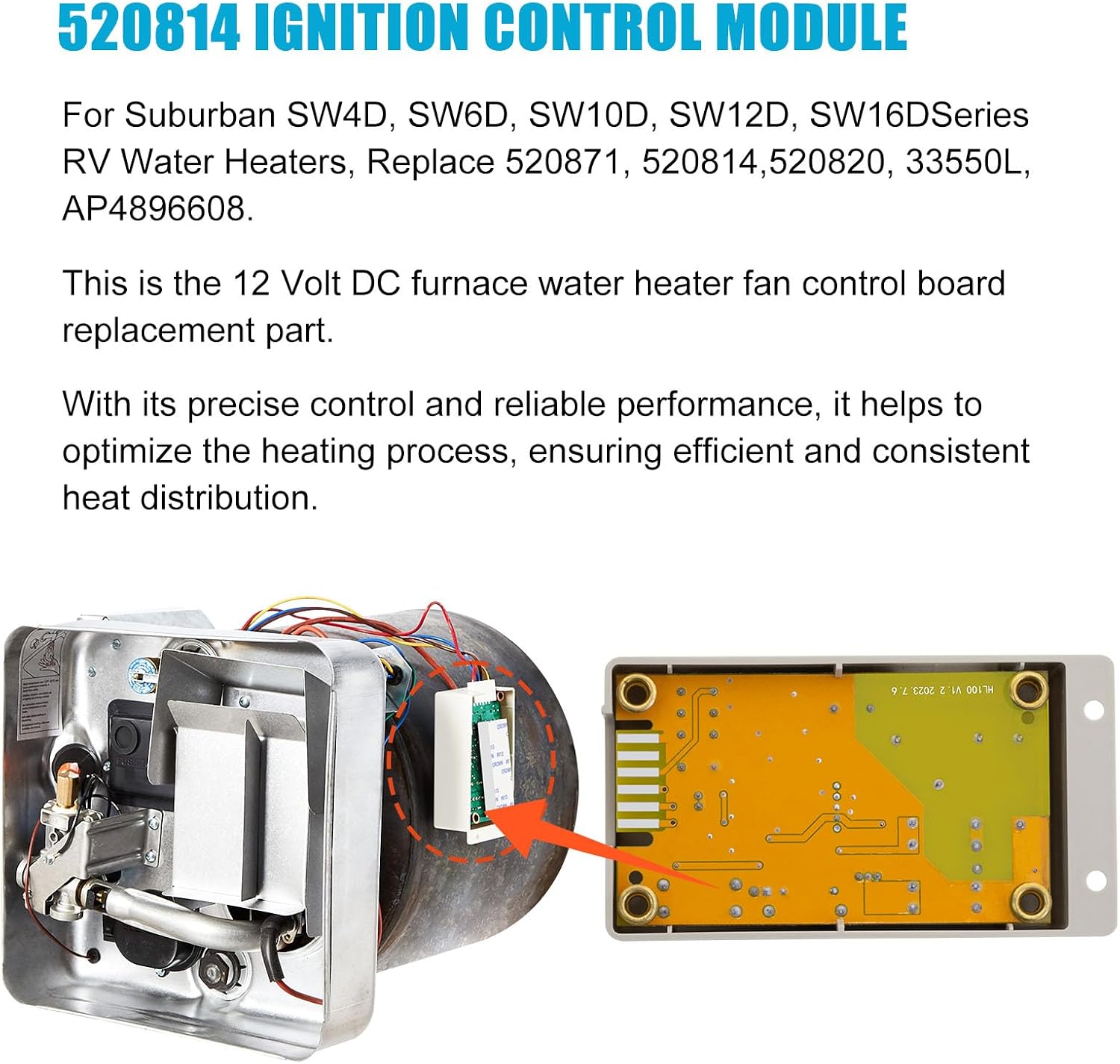 520820 520814 Circuit Board Compatible with Suburban Rv Furnace Parts RV Water Heater Circuit 12VDC Module Board with Fan Control Replace 520199 520871 33550L AP4896608