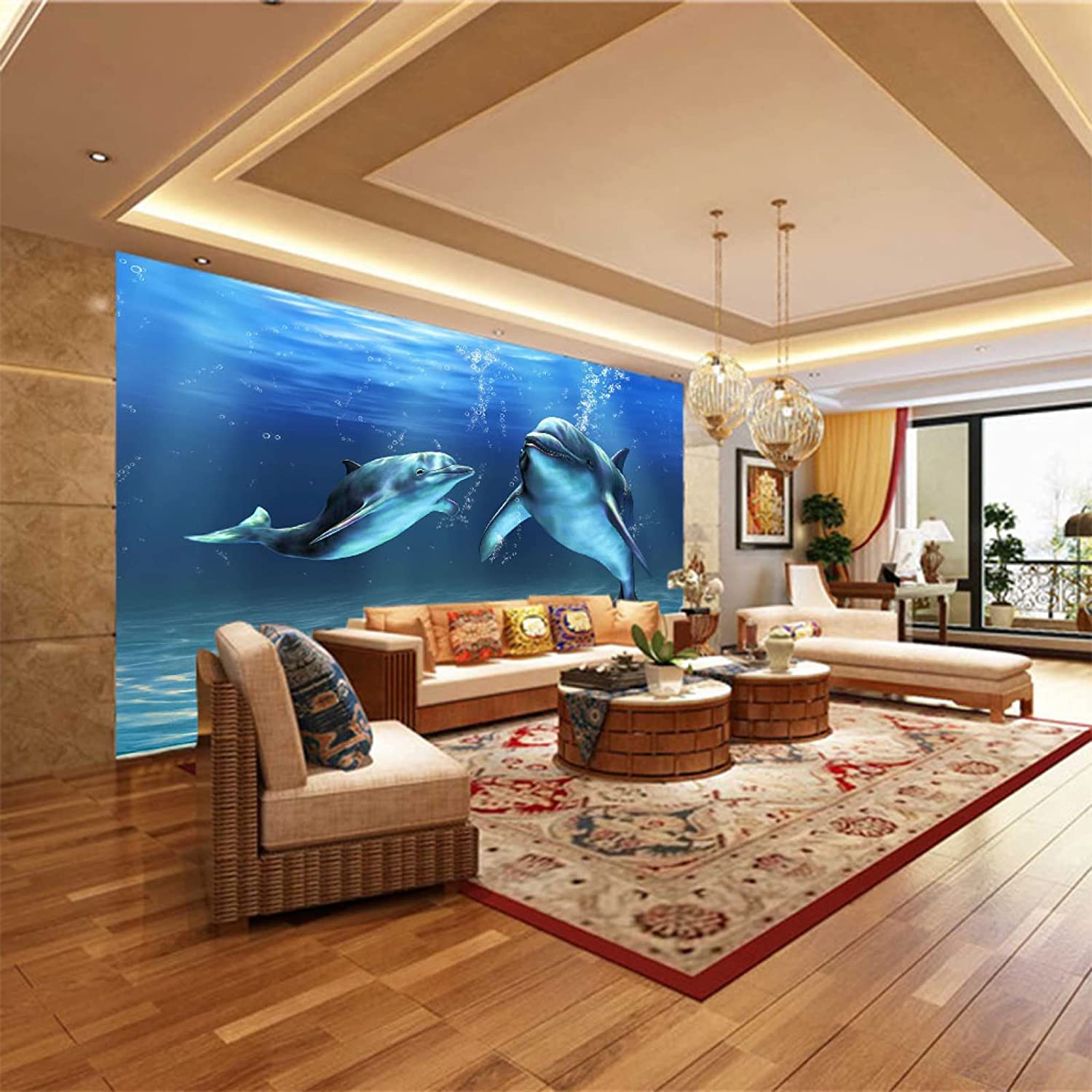 Papel Pintado Mural, 3D Pareja De Delfines Bajo El Agua Papel Pintado Autoadhesivo Peel And Stick Para Sala De Estar, Dormitorio, Tv, Fondo, Oficina, Restaurante, Habitación, 400(ancho) x280(alto) cm