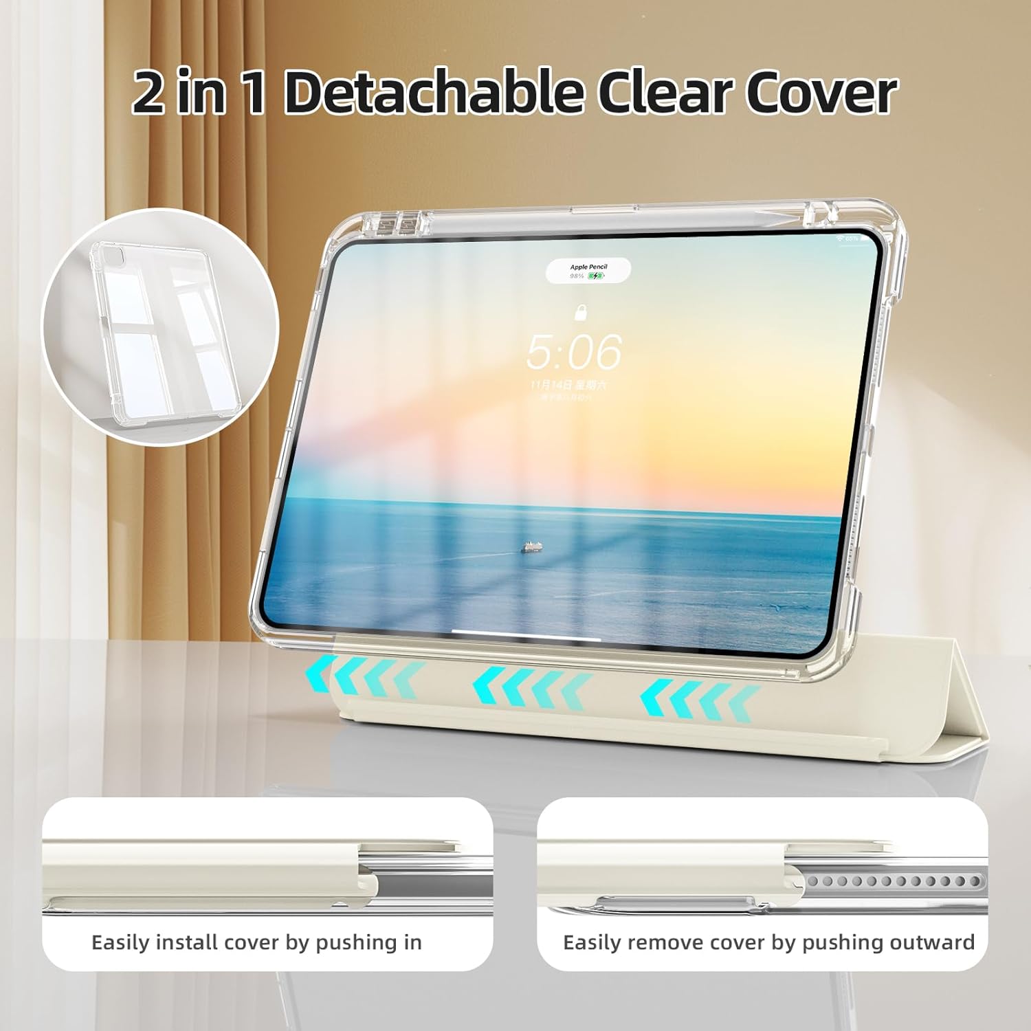 kenke Hybrid Case for iPad Air 13 Inch M3/M2 (2025/2024), Pro 12.9 Inch (6th/5th Generation, 2022/2021) with Pencil Holder, 2 in 1 Detachable Cover with Clear Hard Back, Auto Sleep/Wake, Cream White