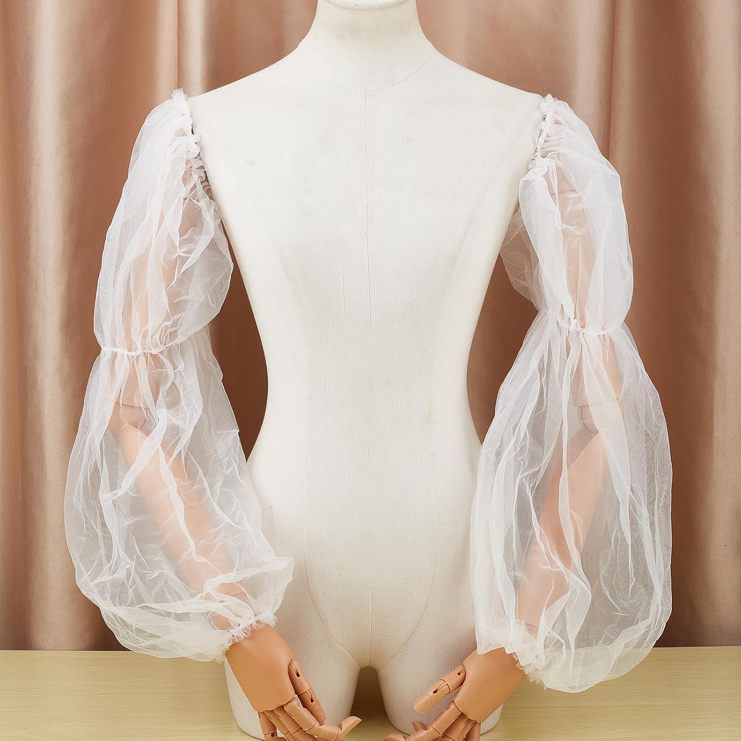NICENEEDED 2 PCS Detachable Puffy Plain Tulle Sleeve, White Long Bridal Wedding Dresses Fingerless Ruffled Sleeves, Full Cover Up Accessory for Costume Women Halloween