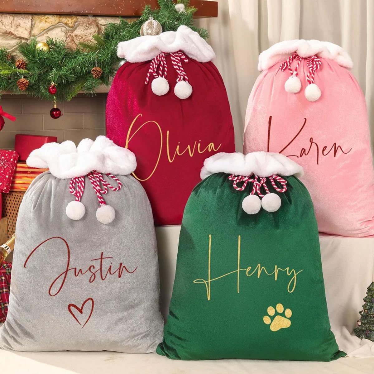 christmas Santa Sack, Personalized Velvet Santa Sack, Gift Bag for Kids and Adults & Pets, Xmas Gift Bag