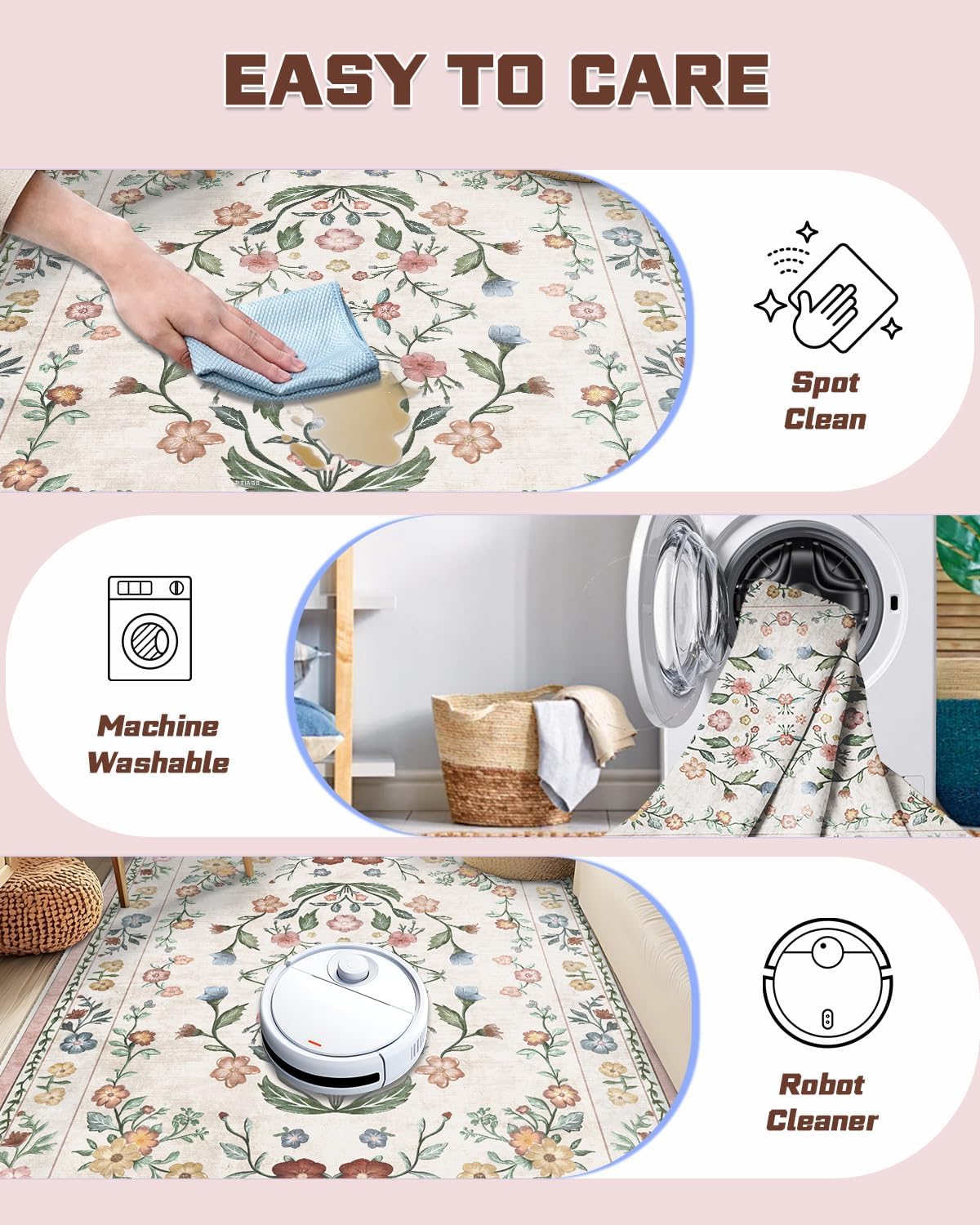 3x5 Area Rug for Nursery Girl Pink Floral Boho Washable Rug Soft Low Pile Non Slip Beige Flower Carpet Rug for Bedroom Playroom Living Room Dining Room(Beige, 3' x 5')