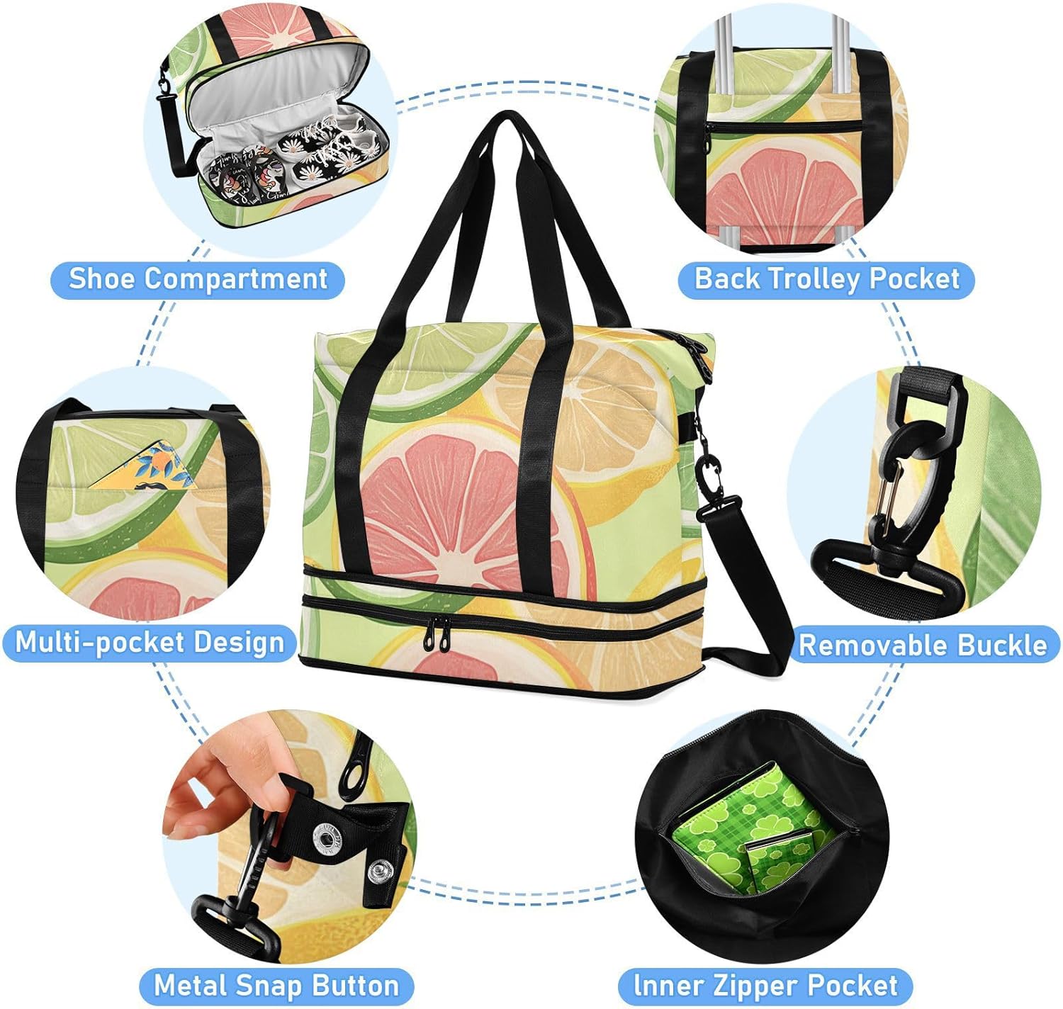 Green Lemon Fruit Travel Tote Bag Carry on Bag with Toiletry Bag for Gym Foldable