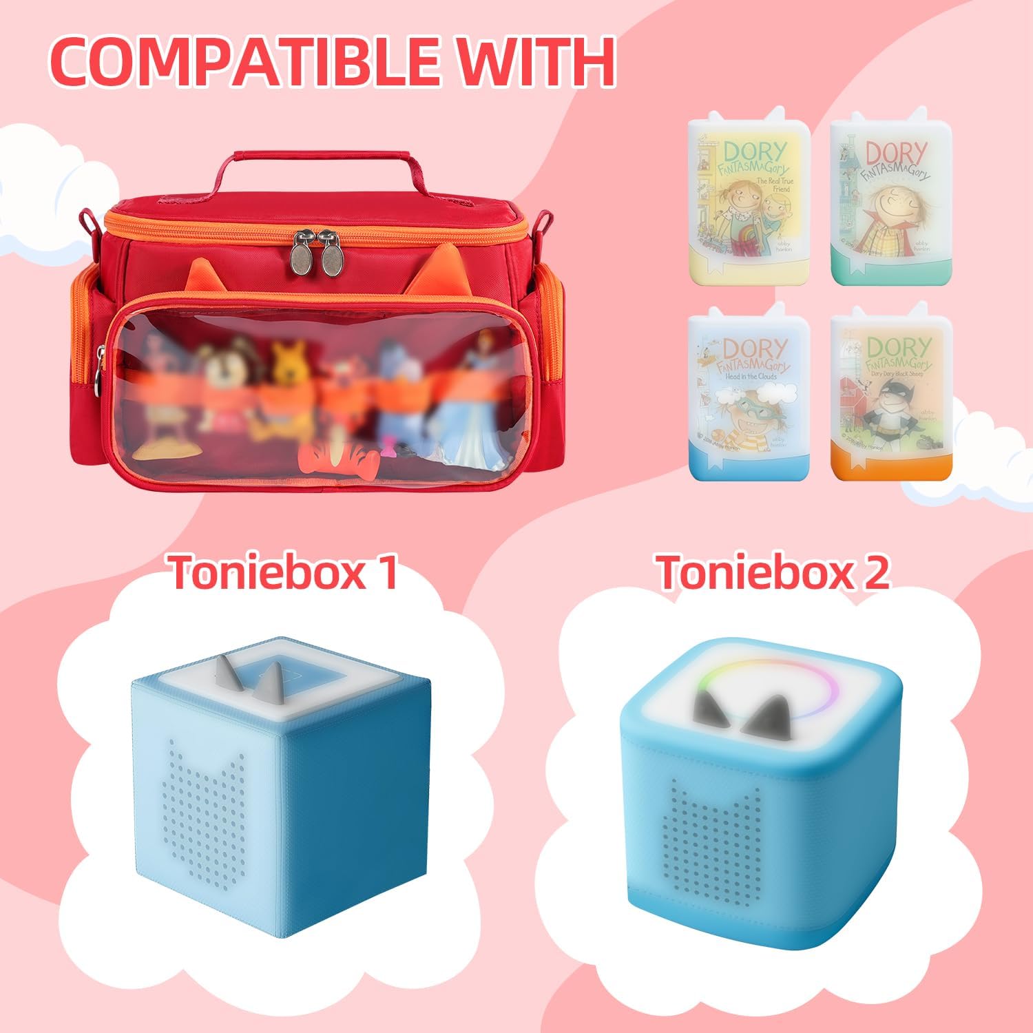 Carrying Case Compatible with Toniebox 2 & 1, Storage Bag Organizer for Tonies Starter Set, Headphones & Accessories, Portable Travel Bag with Handle and Adjustable Shoulder Strap(Red) image 5